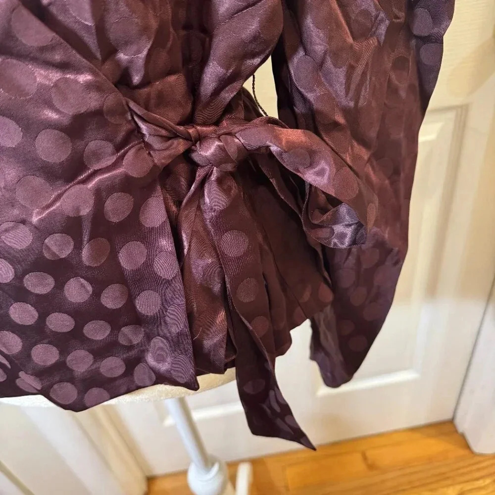 Happy X Nature Kate Hudson Deep Maroon Polka Dot Puff Sleeve Wrap Blouse - Picture 2 of 7